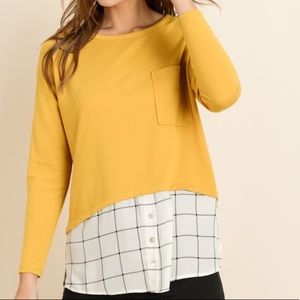 NWOT LES AMIS mustard blouse with plaid contrast